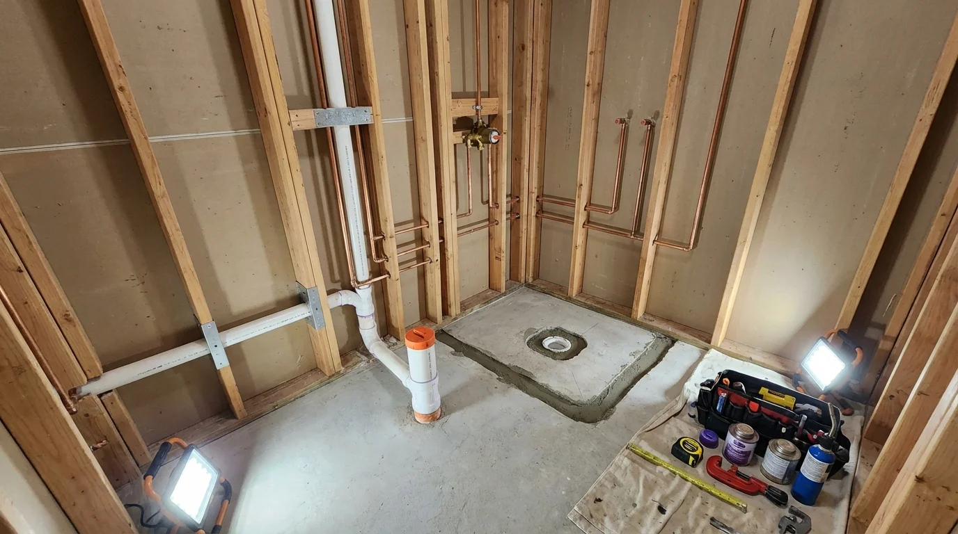 Bathroom rough-in plumbing during remodel by Johns Plumbing LLC in Gulf Shores