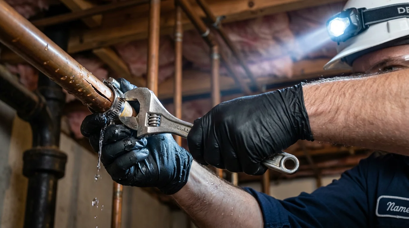 Emergency pipe clamp repair being performed by a Johns Plumbing LLC plumber in Gulf Shores