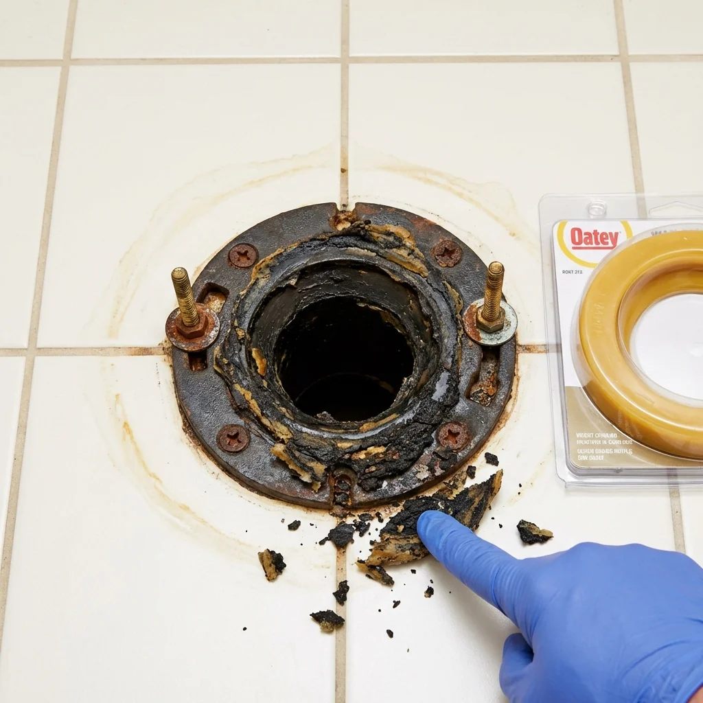 Failed wax ring showing water seepage at the base of a toilet in a Gulf Shores, AL home