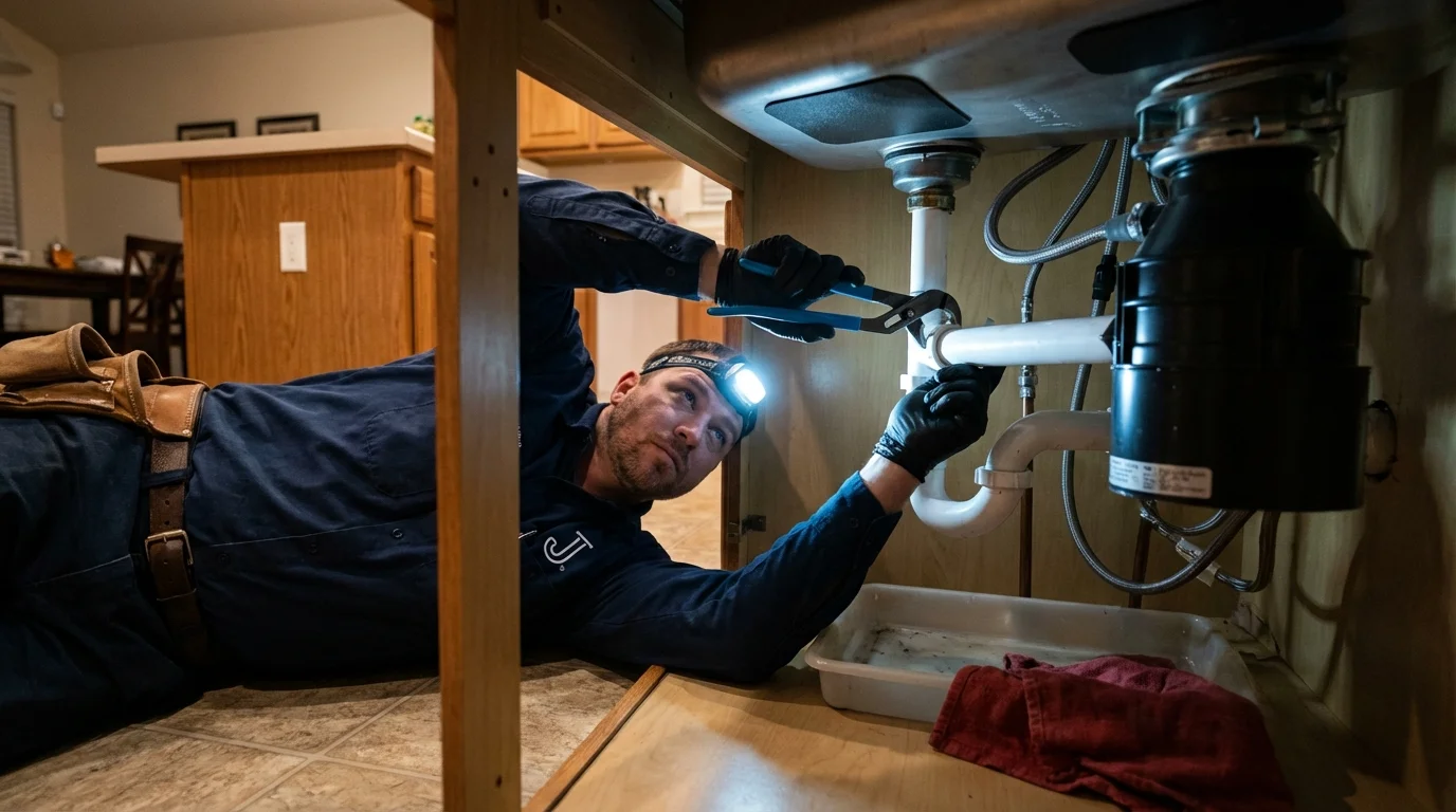 P-trap and supply line connections under a kitchen sink showing a common leak point in Gulf Shores, AL